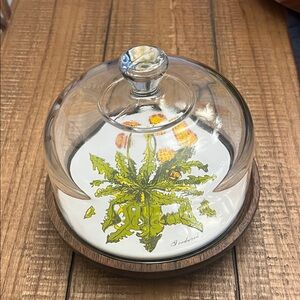 Goodwood Dandelion Cheese Tray Tile on Footed Teak Wood Base & Glass Dome MCM